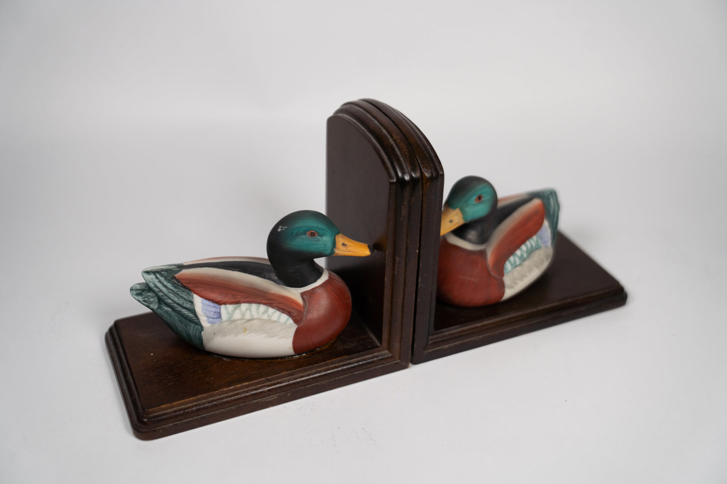 Vintage Wood Ceramic Mallard Duck Bookends Lot #66