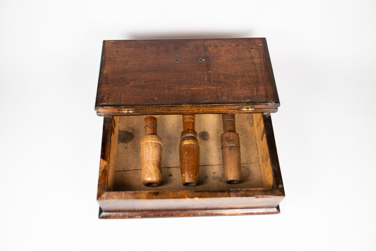Vintage Wood Duck Call Box with 3 Wooden Duck Calls. Gold Banded Sears and Roebuck duck call. Lot #63