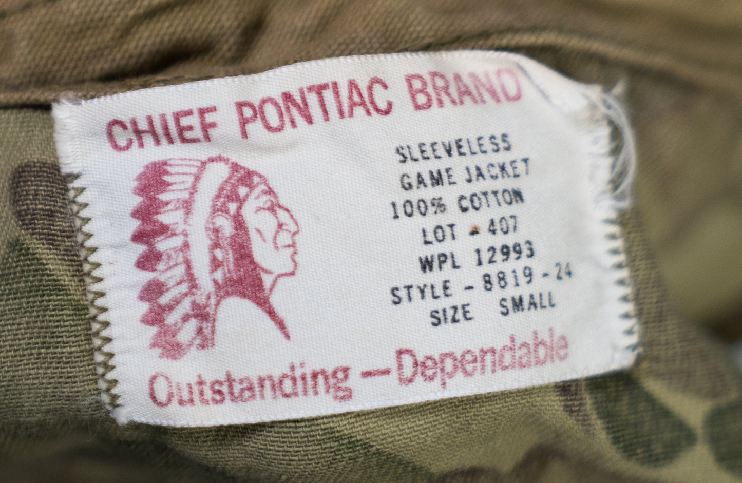 Vintage Chief Pontiac Brand Camo Game Vest. Lot #94